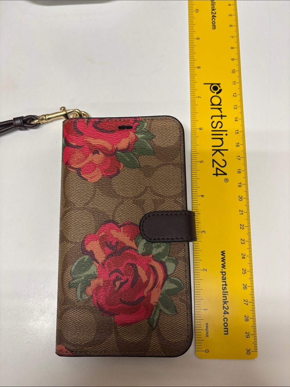 Coach Brown Signature Canvas Phone Wallet Case with Red Floral Print - Picture 9 of 10